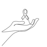 Red ribbon Aids in hands continuous one line drawing. Support hope for cure vector illustration with red loops and lettering. HIV Aids recovery concept. Minimalist style. Vector illustration