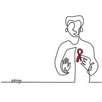 dejar de ayudar al dibujo continuo de una línea. un joven de pie con gesto de la mano para mostrar detener el sida del vih y cinta roja aislada sobre fondo blanco. Día mundial del SIDA. concepto de concienciación sobre el sida vector