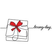 Boxing Day sale card. Continuous line gift box with red ribbon and text Happy Boxing Day isolated on white background. Shopping discount coupon hand-drawn minimalism style. Vector illustration