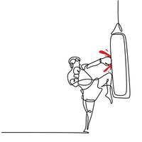 un dibujo de una sola línea de un joven boxeador enérgico practicando la acción de puñetazos y patadas. El boxeador o el luchador hacen un golpe y una patada. Diseño de dibujo de línea continua moderna para banner de campeonato de boxeo vector