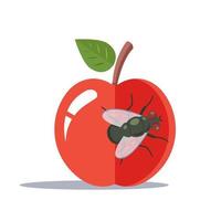 una gran mosca se posa sobre una manzana roja. ilustración vectorial plana. vector