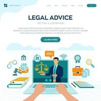 concepto de asesoramiento legal en línea. derecho laboral, abogado, procurador. sitio web del abogado en la pantalla del portátil. abogado profesional en derecho consulta online, asistencia legal en empresas. vector