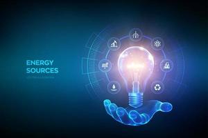 Glowing light bulb with energy resources icons in hand. Electricity and energy saving concept. Energy sources. Campaigning for ecological friendly and sustainable environment. Vector illustration.