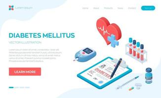 Medical diagnosis - Diabetes. Diabetes mellitus type 2 and insulin production concept. Blood glucose meter, pills, syringe and insulin vial. vector