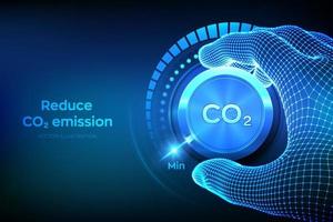 Carbon dioxide emissions control concept. Reduce CO2 level. Wireframe hand turning a carbon dioxide knob button to the minimum position. CO2 reduction or removal concept. vector