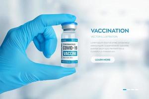 COVID-19 coronavirus vaccine vial. Vaccination concept. Doctor's hand in blue glove holda medical glass vial for injection. Development and creation of a coronavirus vaccine. vector