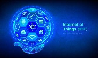 iot. concepto de internet de las cosas. todo conectado concepto de dispositivo de red y negocios con internet. esfera 3d abstracta o globo con superficie de hexágonos en mano de estructura metálica. vector