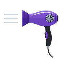 secador de pelo púrpura sopla aire sobre un fondo blanco. ilustración vectorial plana. vector