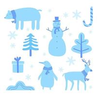 Set of cute cartoon Christmas. A bear, reindeer, snowman, and penguin. Part of Christmas backgrounds collection. Can be used for wallpaper, pattern fills, surface textures, fabric prints. vector