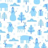 Christmas seamless pattern with cute funny animals. Penguin, bear, reindeer and snowman in winter. Childish background for fabric, wrapping paper, textile, wallpaper and apparel. Vector Illustration