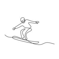 un dibujo de línea continua del hombre snowboarder dibujado a mano diseño minimalista de arte lineal. joven snowboarder masculino deportivo montando snowboard en la montaña de polvo nevado de los Alpes. concepto de deporte de estilo de vida de invierno vector