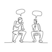 Continuous line drawing of two men sitting while talking about business plan with speech bubble. Young male enjoy discussing work task and strategy for new business isolated on white background vector