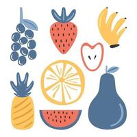 elemento de conjunto de colores de frutas frescas. uva, fresa, plátano, manzana, piña, sandía, naranja aislado sobre fondo blanco. chorrito de jugo concepto. ilustración de dibujo vectorial vector