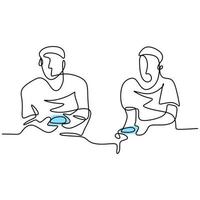 Continuous line drawing of two young gamer playing a game console. Happy male sitting on couch sparring playing games in their spare time. Gamers addict concept. Vector sketch illustration