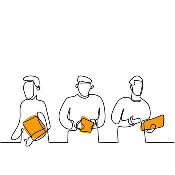 One continuous line drawing of three young man in university. Happy handsome guys is standing pose while holding a book in campus area isolated on white background. Minimalist design vector