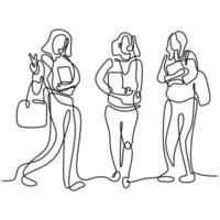 Continuous line drawing of three woman standing pose. Young smiling beautiful girl holding in a campus while holding book. Women in character happy teenager student. Back to school concept vector