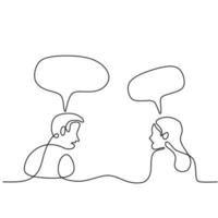 Continuous line drawing of man and woman having conversation with speech bubbles. Young couple sitting and Having small talk at home hand-drawn line art on white background. Communication concept vector