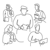 One line drawing of groups of happy college students standing pose after studying together at university library. Learn and study in campus life concept. Minimalist design. Vector illustration