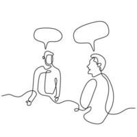 Continuous line drawing of two men sitting while talking about business plan with speech bubble. Young male enjoy discussing work task and strategy for new business isolated on white background vector