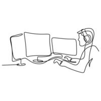 A young man with headset looking at monitor computer. Continuous one line drawing of a gamer playing games with computer monitor, headphone, mouse, and keyboard. Sparring game online concept vector