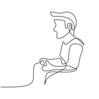 Continuous line drawing of gamer. A man playing the game with joystick at home during self isolation in pandemic hand-drawn picture silhouette. Line art minimalism design. Vector illustration