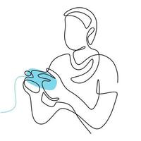 Continuous line drawing of gamer. A man playing the game with joystick at home during self isolation in pandemic hand-drawn picture silhouette. Line art minimalism design. Vector illustration