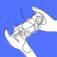 una mano que sostiene la ilustración de vector de dibujo de línea de palo de juego. un joystick para jugar el juego de dibujo a mano minimalismo aislado sobre fondo blanco. controlador de juego inalámbrico para el concepto de pc.