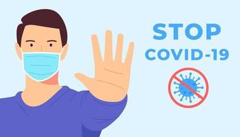 Coronavirus, covid, nCoV, stop, health protection concept. Protection from coronavirus illustration. Man in face mask stops 2019ncov, covid 2019. Medical quarantine. Preventive health safety. Vector