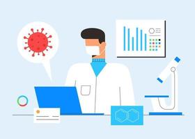 Chemical laboratory research. Vaccine discovery concept. Scientist, microscope and computer working on antiviral treatment development. Vector illustration in flat cartoon style