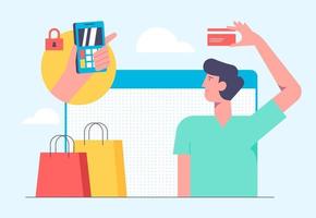 concepto de compra móvil en línea. ilustración vectorial en diseño de estilo plano. hombre comprando productos con tarjeta bancaria y realizando el pago en internet. vector