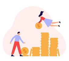 Woman and man business teamwork with coins. Man and woman holding money, people with coins, dollar currency, investor or employee portrait view with budget symbol, income or profit, finance vector