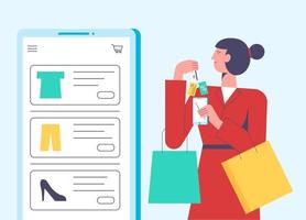 Flat vector illustration concept of woman shopping online holding bag. Website interaction, purchase process. Creative landing page design template.