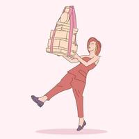 Woman carrying bags with purchases. Concept of shopping addiction, shopaholic behavior. Mental illness, behavioral problem, psychiatric condition. Flat cartoon colorful vector illustration.