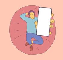 hombre feliz con smartphone. promoción de demostración de dispositivos tecnológicos innovadores. ilustraciones de diseño de vectores de estilo dibujado a mano.