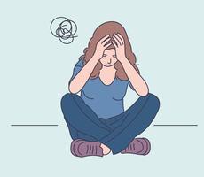 Depression, fatigue, mental stress, frustration concept. Young depression frustrated woman or girl teenager sitting on floor at home. Fatigue, raising of mental stress because of headache or bad news.