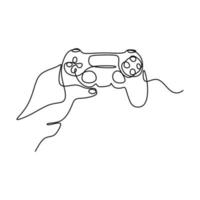 una mano que sostiene la ilustración de vector de dibujo de línea de palo de juego. un joystick para jugar el juego de dibujo a mano minimalismo aislado sobre fondo blanco. controlador de juego inalámbrico para el concepto de pc.