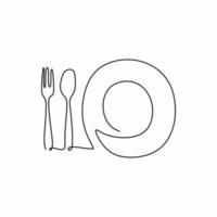 Continuous line drawing of hand drawn plate, spoon and fork at the table. Restaurant logo isolated on white background minimalism design. Dinner theme with creative symbol. Vector illustration