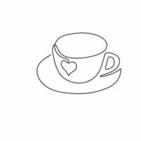 Continuous one line art drawing of coffee, warm. A cup of coffee with love sign isolated on white background. Coffee cup shop concept. Coffee addict. Minimalism design. Vector illustration