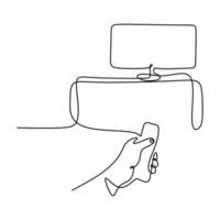 Hand holding remote continuous one line drawing. Television and remote at home hand drawn minimalist technology theme. Program device. Universal electronic controller isolated on white background vector