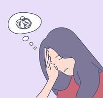 Mental stress, depression, fatigue, frustration concept. Young depression frustrated woman or girl teenager sitting on floor at home. Fatigue, raising of mental stress because of headache or bad news. vector