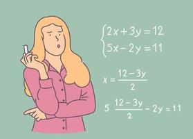 Young pensive thoughtful schoolgirl standing near blackboard and solving math equation with chalk. Educational process vector