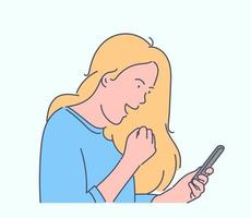 Online communication, social media or network concept. Happy woman blogger communicates in social media. Young girl is addicted to social networks. Student uses mobile phone for typing messages. vector
