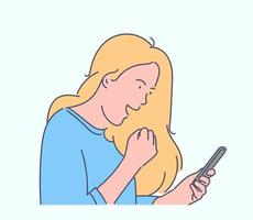 Online communication, social media or network concept. Happy woman blogger communicates in social media. Young girl is addicted to social networks. Student uses mobile phone for typing messages. vector