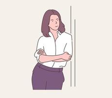 Businesswoman or manager in office concept. Young business woman, company chief, leader boss leaning back and thinking about the project vector