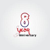 Logotipo de celebración de aniversario de 8 años. Logotipo de aniversario con color rojo y azul aislado sobre fondo gris, diseño vectorial para celebración, tarjeta de invitación y tarjeta de felicitación. vector