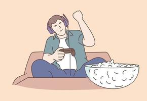 Home rest, playing games concept. Resting at home. Handsome young man playing video games. vector