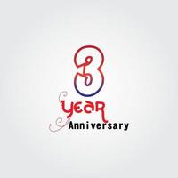 Logotipo de celebración de aniversario de 3 años. Logotipo de aniversario con color rojo y azul aislado sobre fondo gris, diseño vectorial para celebración, tarjeta de invitación y tarjeta de felicitación. vector