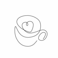 Continuous one line art drawing of coffee, warm. A cup of coffee with love sign isolated on white background. Coffees cup shop concept. Coffee addict. Minimalism design. Vector illustration