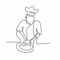 continuous line drawing of chef cooking gourmet meal. A young man chef is preparing to making a foods and do the garnishing minimalism hand drawn sketch design simplicity style. Vector illustration