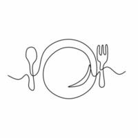 Continuous line drawing of hand drawn plate, spoon and fork at the table. Restaurant logo isolated on white background minimalism design. Dinner theme with creative symbol. Vector illustration